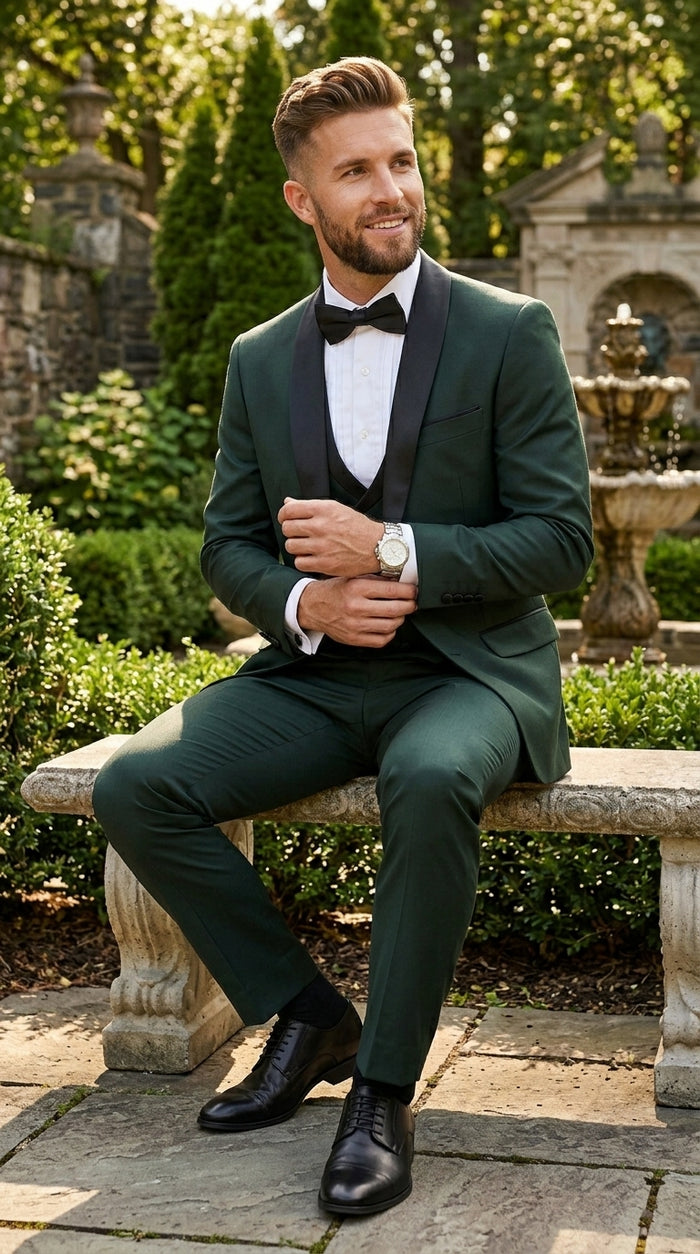 Men’s Hunter Green Vested Tuxedo Suit with Black Trim Shawl Lapel, Wedding Prom Formal Suit Set