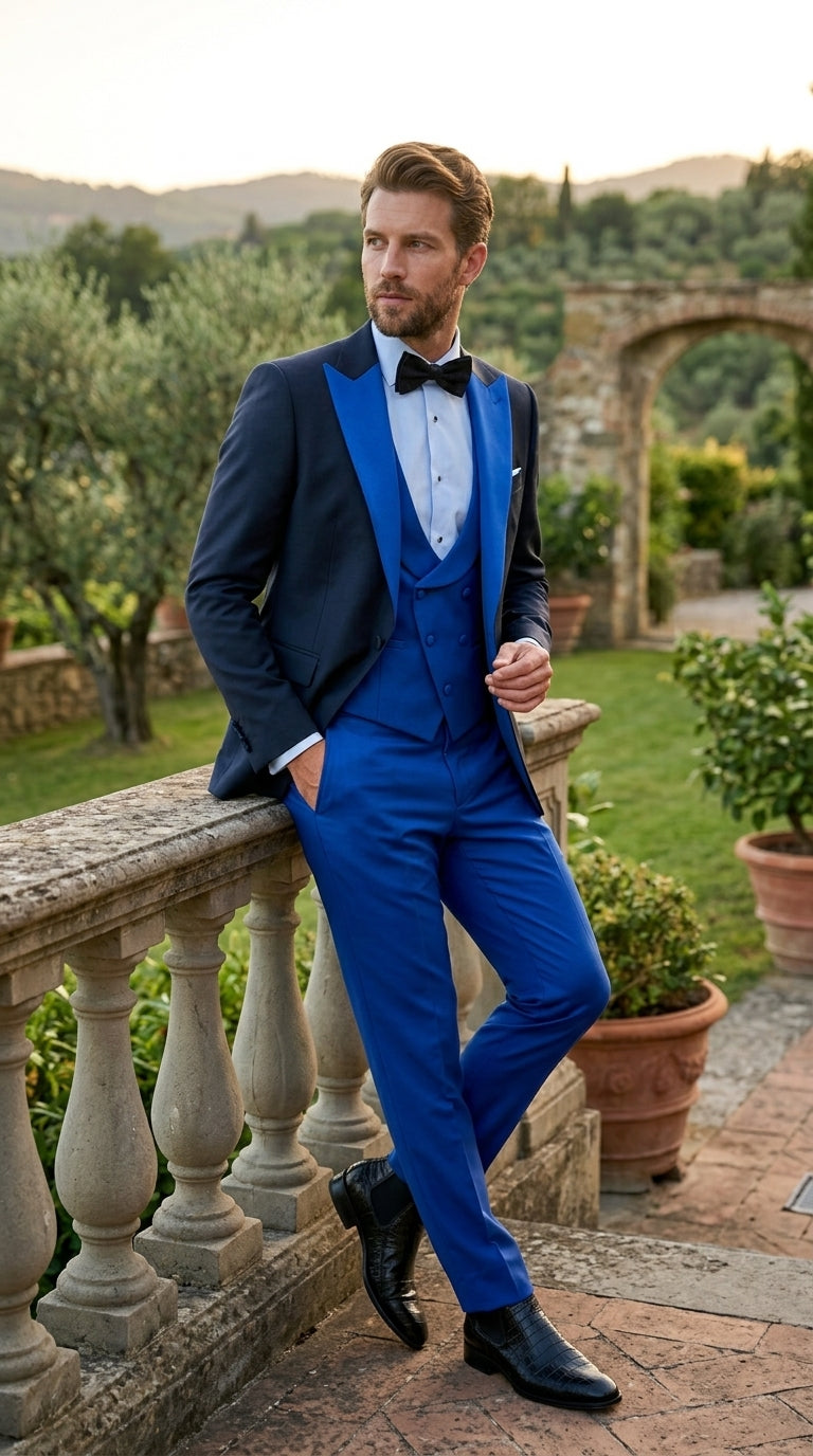 Men’s Black and Royal Blue 100% Wool Vested Tuxedo Suit with Peak Lapel, Wedding Prom Formal Suit Set