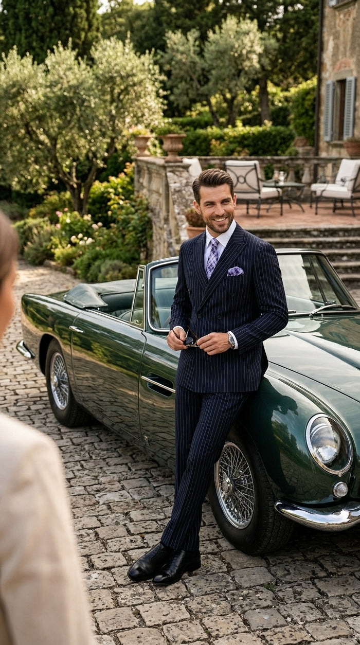 Men’s Navy Pinstripe Double Breasted Suit, Statement Formal Wedding Business Dress Suit