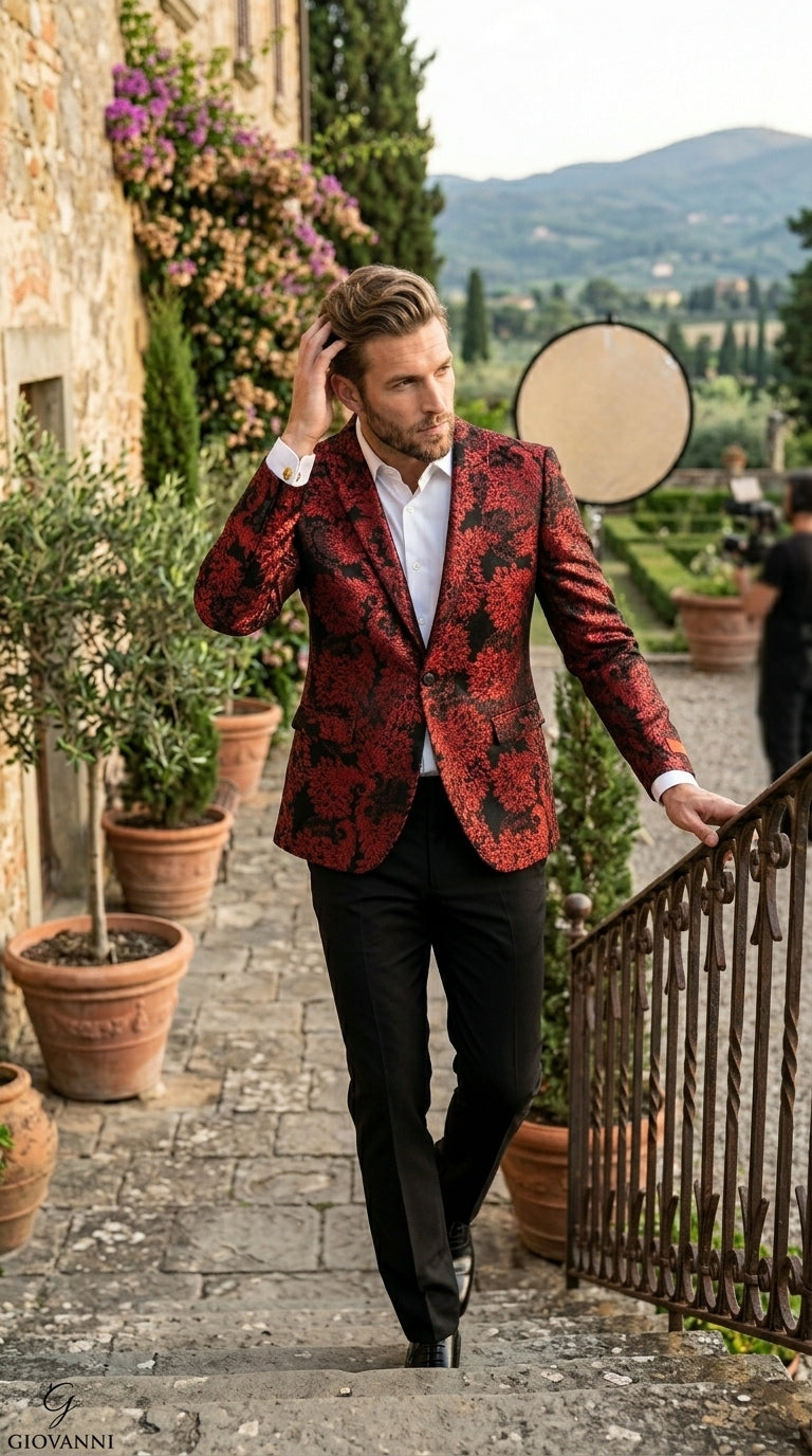 Men’s Red and Black Retro Paris Floral Suit, Designer Formal Wedding Prom Party Blazer Set