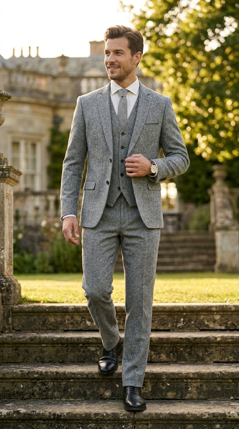 Mens Grey Tweed Three Piece Suit Vintage British Fabric Slim Fit Wedding & Business Wear