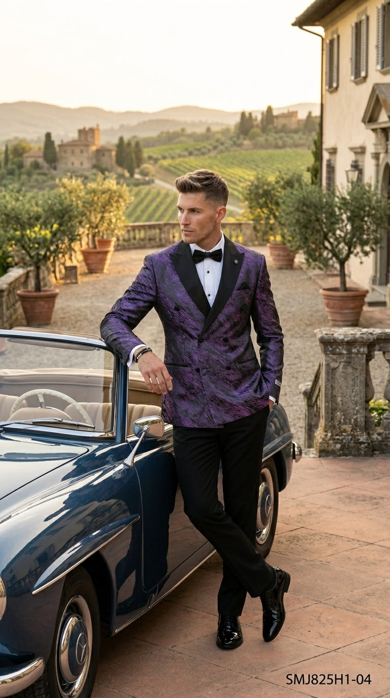 Stacy Adams Men’s High Fashion Pattern Sport Coat, Hybrid Fit Formal Blazer in Red, Silver, Bronze and Purple