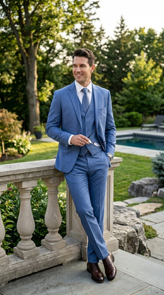Men’s Steel Blue 3 Piece Prom Suit, Dusty Blue Vested Wedding Formal Suit Set