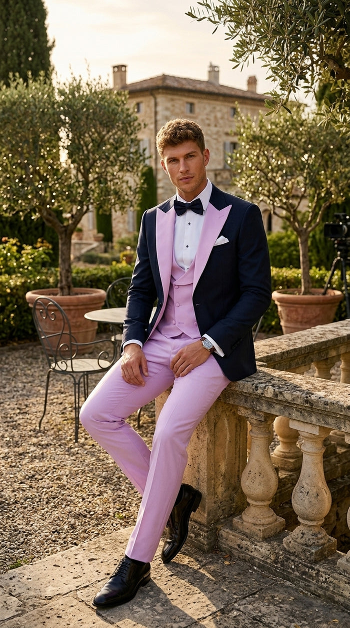 Men’s Black and Pink 100% Wool Vested Tuxedo, Peak Lapel Wedding Prom Formal Suit Set