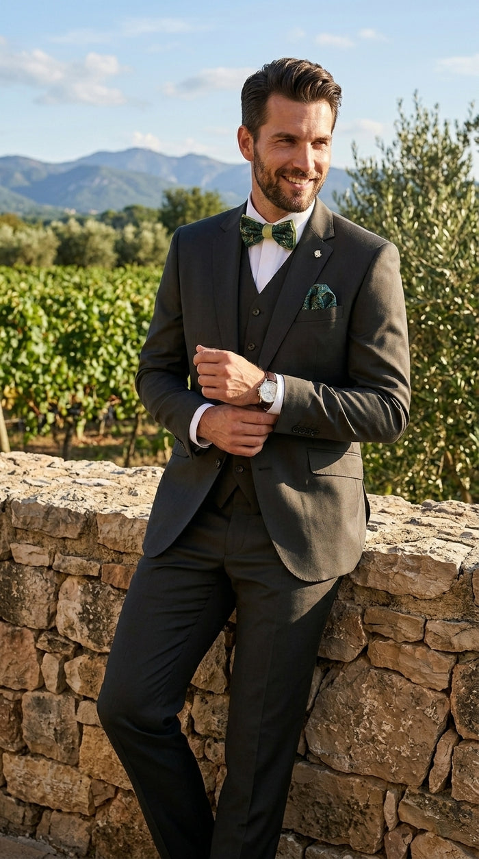 Statement Men’s Solid Olive 100% Wool Vested Suit, Formal Wedding Business 3 Piece Suit Set
