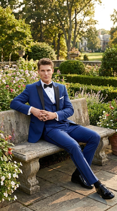 Men’s Cobalt Blue Wedding Tuxedo Set with Black Satin Shawl Lapel and Matching Vest