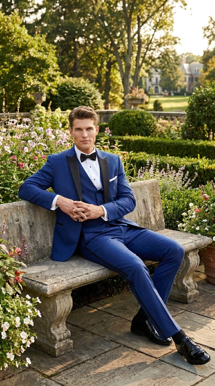 Men’s Cobalt Blue Wedding Tuxedo Set with Black Satin Shawl Lapel and Matching Vest