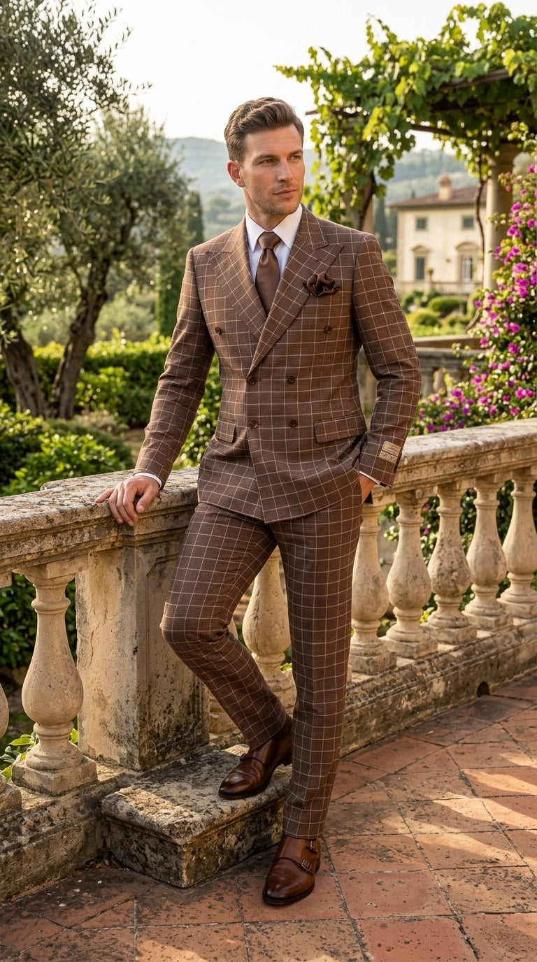 Rossi Man Arthur RM2317 Men’s Brown Windowpane Double Breasted Suit, Formal Dress Suit
