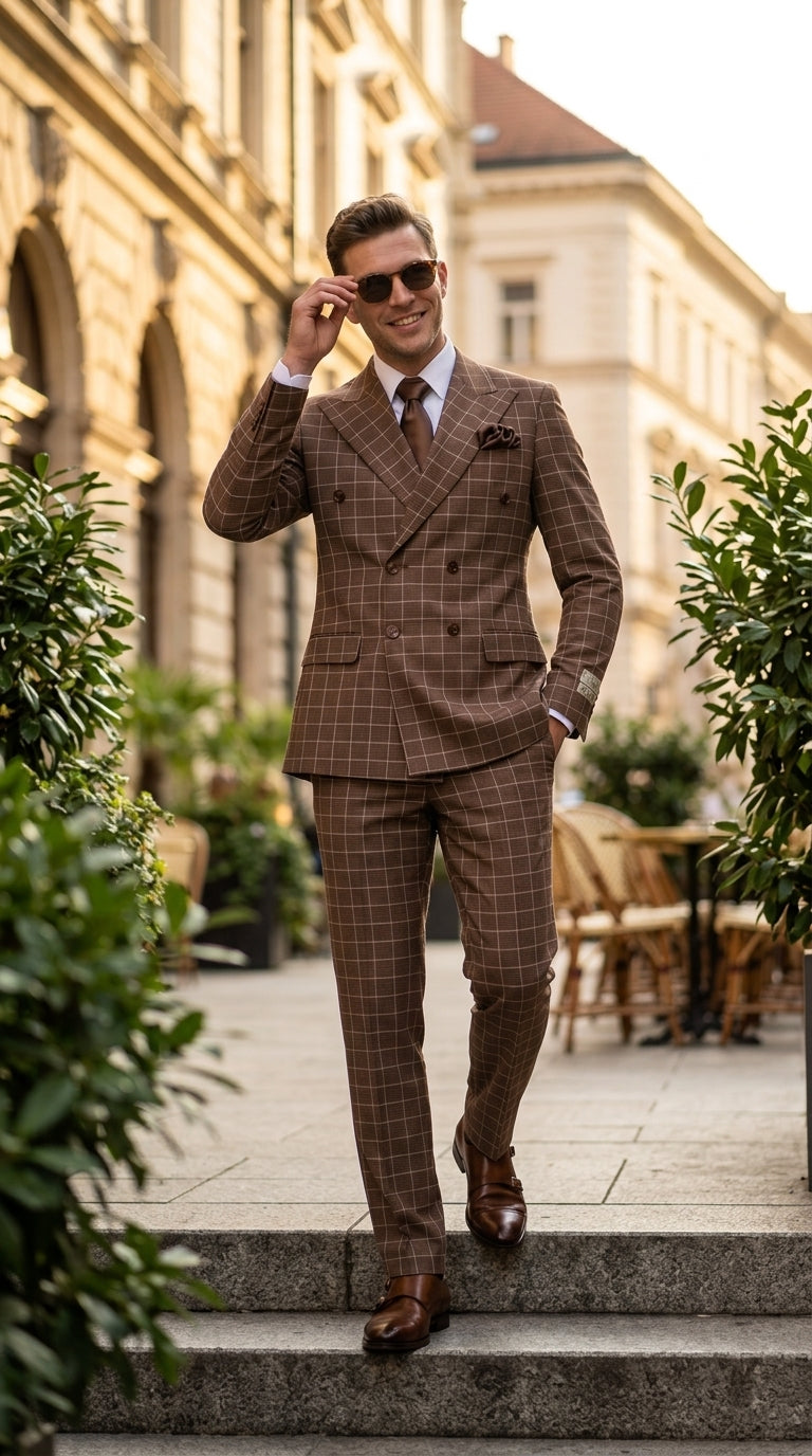 Rossi Man Arthur RM2317 Men’s Brown Windowpane Double Breasted Suit, Formal Dress Suit
