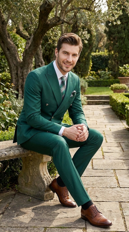Men’s Hunter Green Double Breasted Wool Suit with Gold Buttons, Modern Fit Formal Wedding Suit