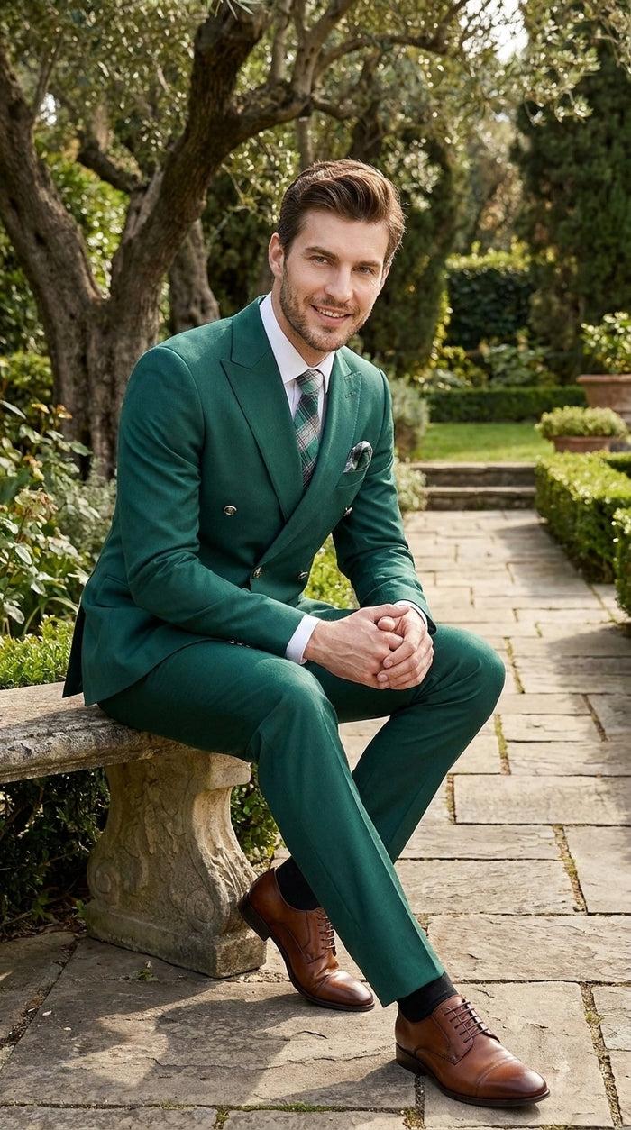 Men’s Hunter Green Double Breasted Wool Suit with Gold Buttons, Modern Fit Formal Wedding Suit