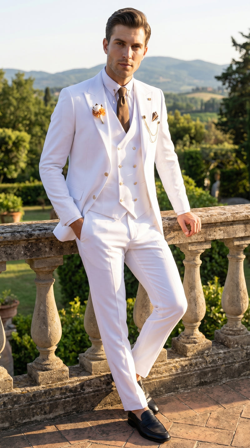 Men’s White and Gold Prom Tuxedo Suit with Double Breasted Vest, Formal Wedding Suit