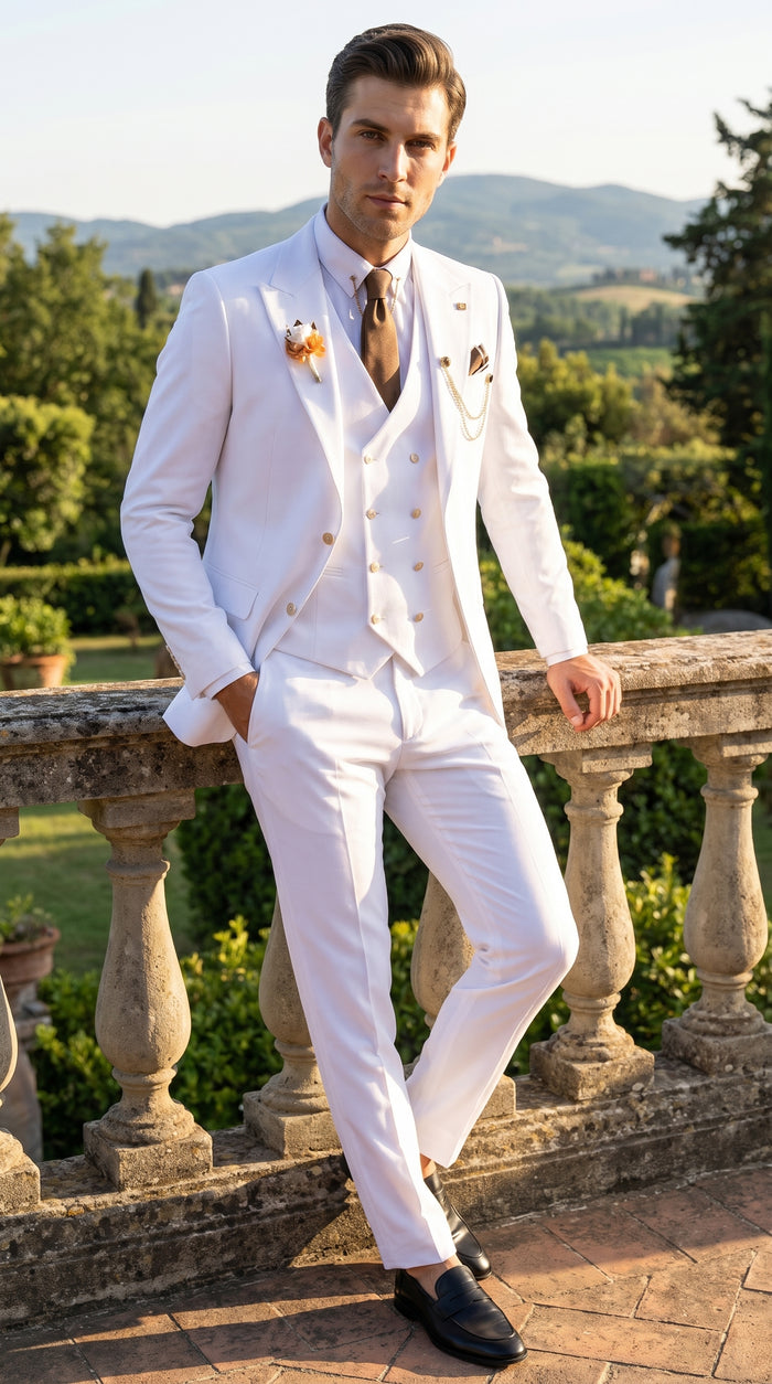 Men’s White and Gold Prom Tuxedo Suit with Double Breasted Vest, Formal Wedding Suit