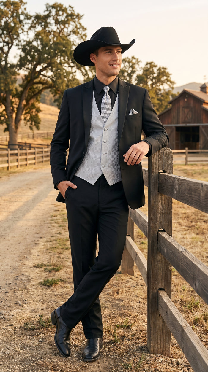 Men’s Black Country Wedding Tuxedo with White Vest, Western Formal Groom Suit