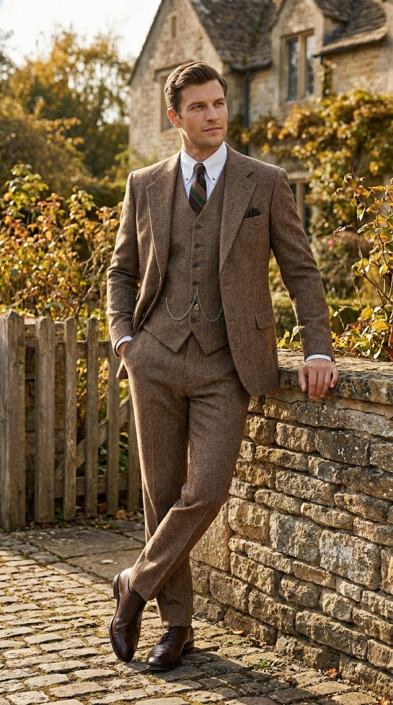 Men’s Great Gatsby Costume Package, Brown 1920s Suit with Vest, Pants, Shirt and Tie