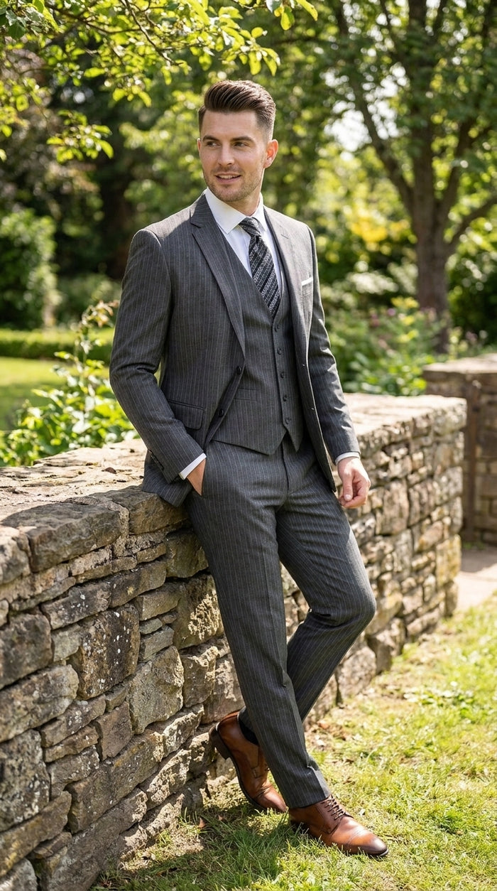 Men’s Charcoal Grey Pinstripe 2 Button Vested Suit, Modern Fit Wool Blend Formal Dress Suit