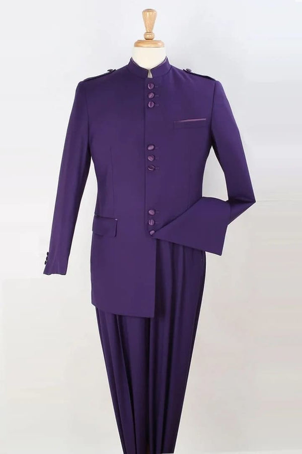 Purple Suit For Men - Church Suit - Mens Classic Military Banded Collar Mandarin Purple Safari Suit