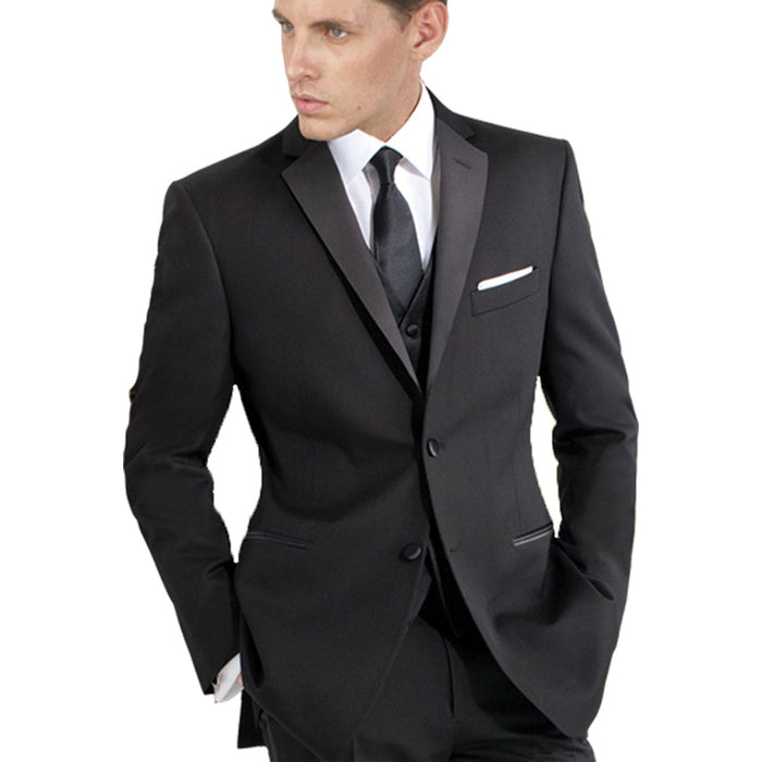 Mantoni black wool tuxedo. Two-button closure, satin lapel. Includes chest pocket with handkerchief and two front pockets. Tailored black wool, 2-piece suit.