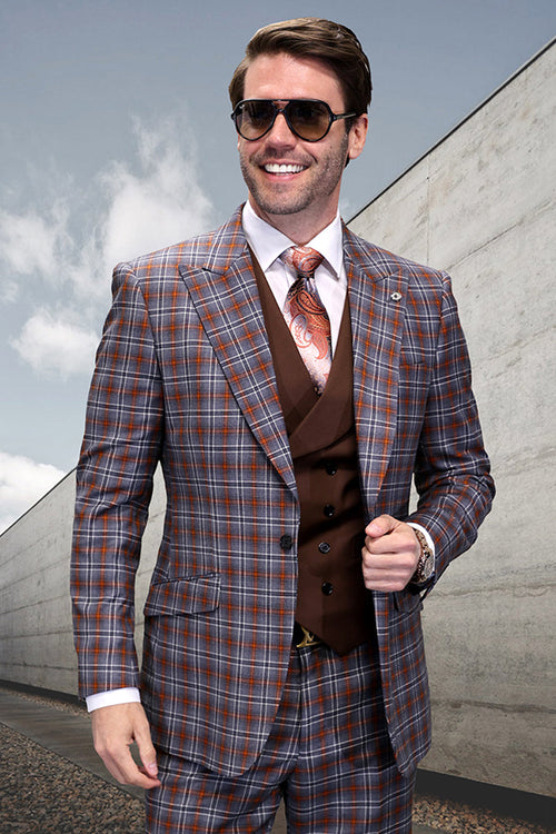Men's designer wool suit with grey rust windowpane plaid. Features a single-button jacket with notched lapels and front pockets. Includes a double-breasted vest in a brown base color.
