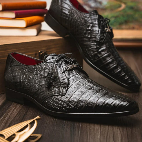 Marco Di Milano Lacio Men's Shoes Black Genuine Caiman Crocodile Dress Derby Oxfords