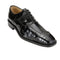 Belvedere Mare men's dress shoe: Black, pointed-toe design. Ostrich leg and eel skin upper with textured pattern. Low heel, lace-up closure. Smooth interior lining.
