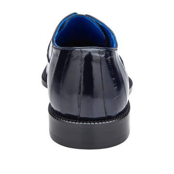 Navy Belvedere Mare dress shoe. Ostrich leg & eel skin upper with glossy finish. Rounded toe, low profile, black rubber sole. Blue interior.
