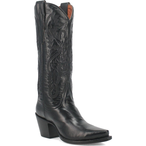 Dan Post Maria boots: Women's black leather boots with a snip toe and a tall shaft. Features western-style embroidery and a chunky heel for a structured silhouette.
