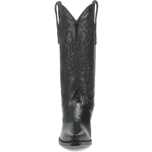 Dan Post Women's Maria boot. Black Napalino leather with a snip toe and decorative stitching. Tall shaft with pull tabs for easy wear. Smooth texture, slightly raised design.
