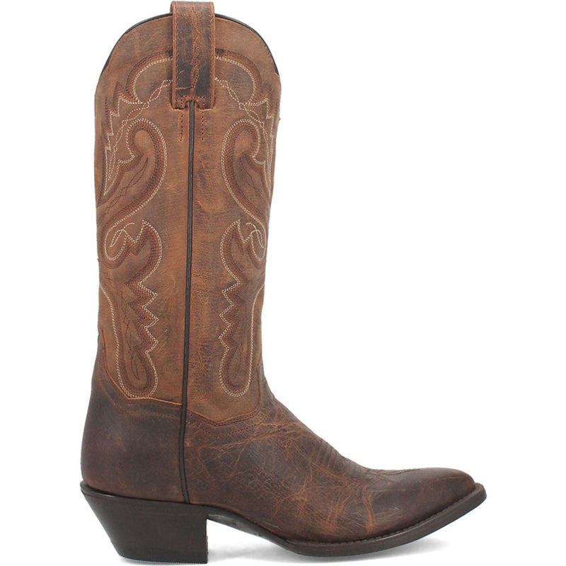Dan Post Women's Marla Bay Apache Cowboy Boots: 12" tall with round toe. Brown leather base with cream stitching, distressed finish. Features pull tabs, a slightly elevated, squared heel, and a flat sole.