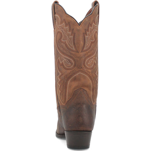 Dan Post Marla Bay Apache women's cowboy boots. Tall, tapered, medium brown leather with decorative stitching on the shaft. Round toe, stacked heel, and darker base. Traditional style.
