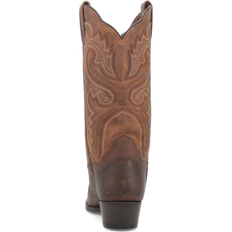 Dan Post Marla Bay Apache women's cowboy boots. Tall, tapered, medium brown leather with decorative stitching on the shaft. Round toe, stacked heel, and darker base. Traditional style.
