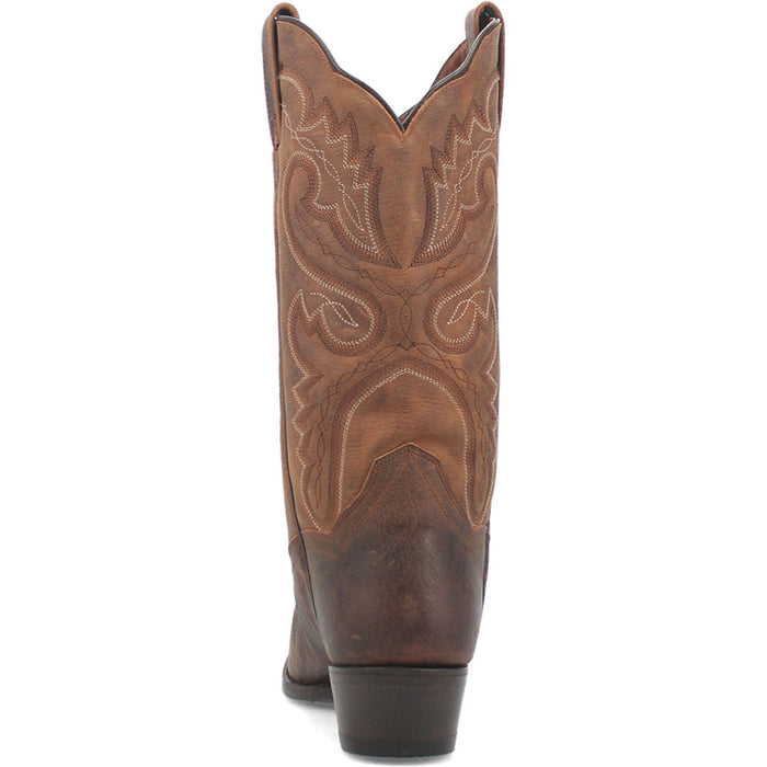 Dan Post Marla Bay Apache women's cowboy boots. Tall, tapered, medium brown leather with decorative stitching on the shaft. Round toe, stacked heel, and darker base. Traditional style.
