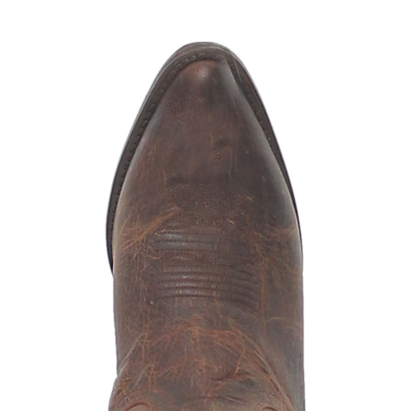 Dan Post Women's Marla Bay Apache Cowboy Boot. Brown leather, round toe with a slight point. Detailed stitching on toe and side. Traditional construction with a darker outsole.
