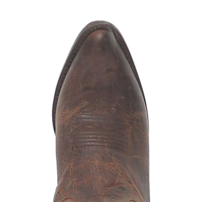 Dan Post Women's Marla Bay Apache Cowboy Boot. Brown leather, round toe with a slight point. Detailed stitching on toe and side. Traditional construction with a darker outsole.
