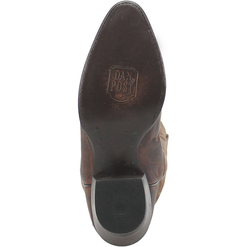Dan Post Women's Marla Bay Apache cowboy boot. Dark brown leather upper with a rounded toe and stitched detailing. Rubber sole with embossed logo and a slight heel.
