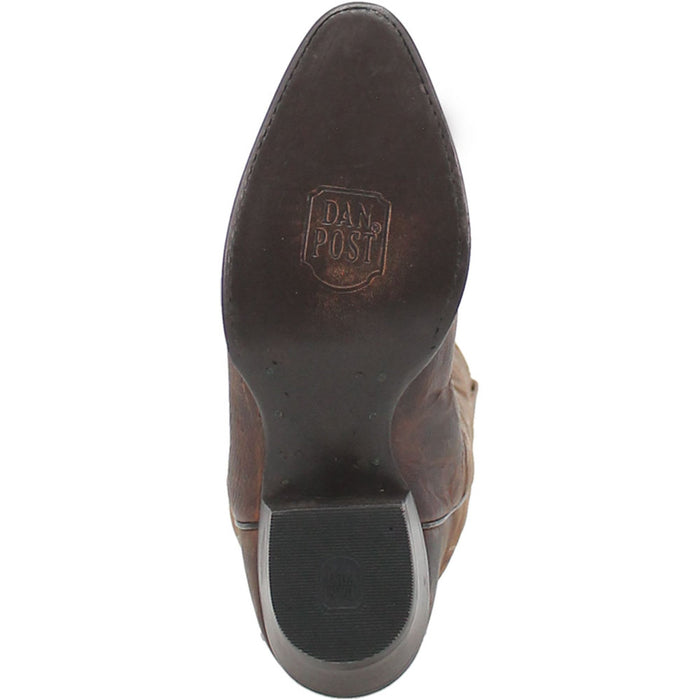 Dan Post Women's Marla Bay Apache cowboy boot. Dark brown leather upper with a rounded toe and stitched detailing. Rubber sole with embossed logo and a slight heel.
