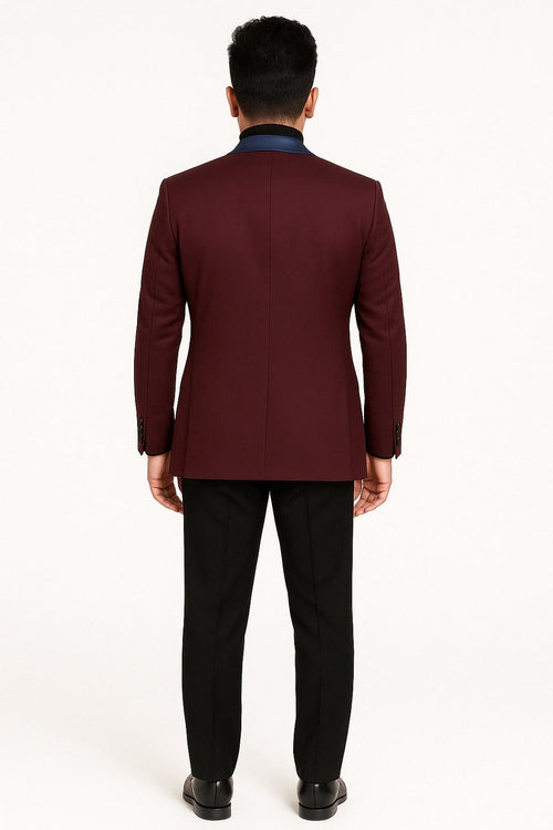 Mens Maroon Tuxedo Jacket with Blue Satin Shawl Lapel â€“ Slim Fit Formal Blazer in Burgundy and Navy Blue