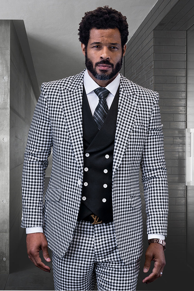 Men's black micro plaid suit. Modern fit, wool. Wide peak lapel, double-breasted vest, tailored trousers. Designer.
