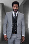 Men's black micro plaid suit. Modern fit, wool. Wide peak lapel, double-breasted vest, tailored trousers. Designer.
