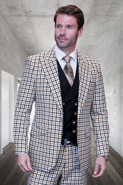 Men's modern fit suit: wool, camel micro plaid. Wide peak lapel, black vest with visible buttons. Designer style for a sophisticated look.

