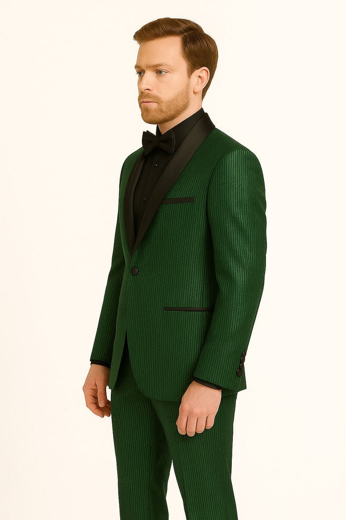 Men's Emerald Green Shiny Tuxedo with Black Satin Lapel and Matching Bow Tie Ultra Slim Fit