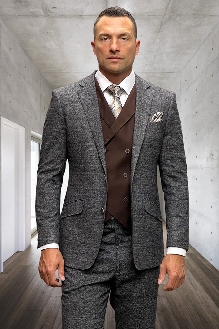 Men's copper plaid business suit crafted from wool-cashmere blend. Modern fit jacket: single-breasted, notch lapels, flap pockets. Features matching pants and a brown vest. Soft texture.
