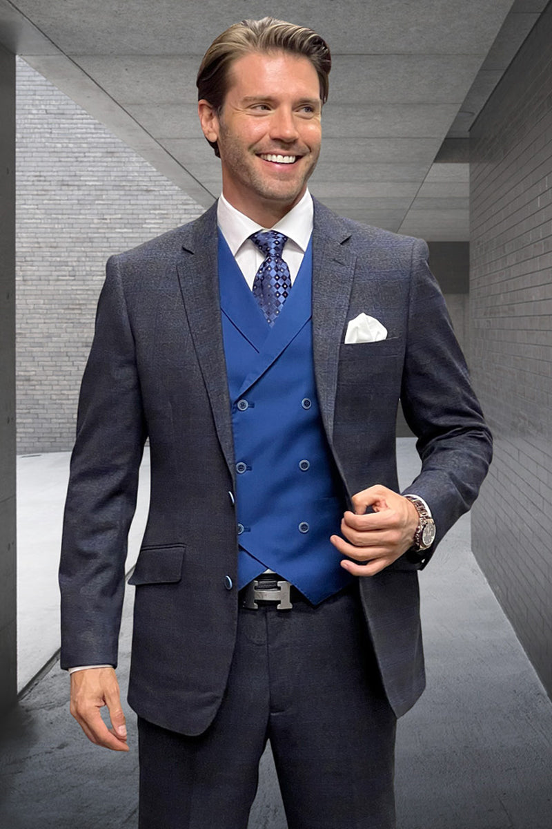 Men's sapphire blue wool-cashmere suit with plaid pattern. Modern fit blazer, vest, and trousers. Tailored, classic lapel, rich blue hue. Perfect for business.
