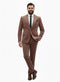 Men's mauve velvet suit. Ultra-slim fit light brown blazer with classic lapel, single-button closure, and two pockets. Matching tailored, streamlined pants complete the look.
