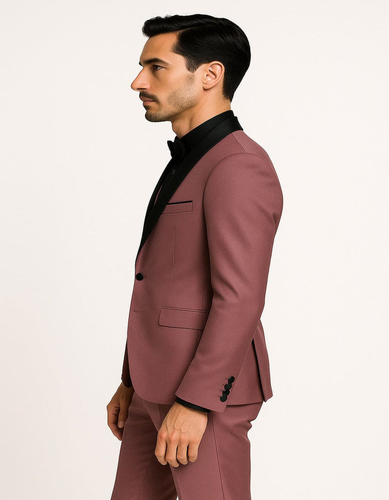 Men's Mauve Pink Tuxedo Suit â€“ 3-Piece Slim Fit with Black Satin Shawl Lapel