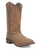 Laredo Megan women's boot. Light brown synthetic with decorative stitching on tall shaft. Features a low stacked heel, rounded toe, and subtle side design. Approximately one-inch heel.
