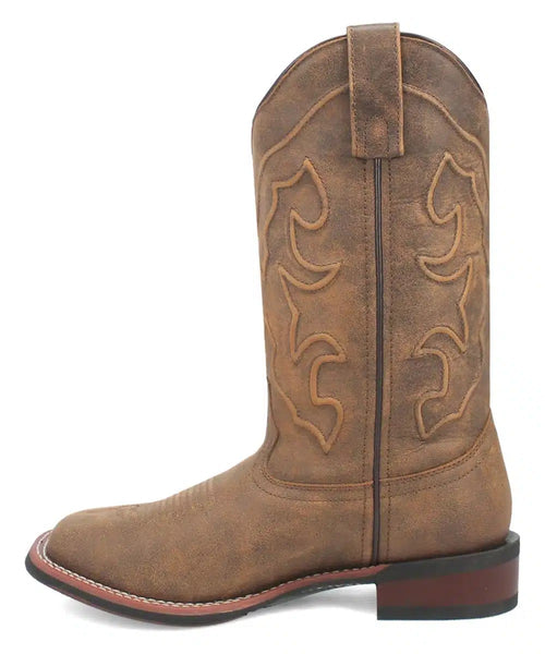 Laredo Megan women's boot. Tan suede-like exterior, decorative shaft stitching, pointed toe, and stacked heel. Tall with pull tab for easy wear.
