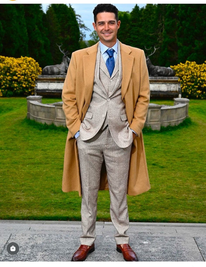Great Gatbsy Package -  Mens Camel Overcoat with Beige Tweed 3-Piece Suit Combo 4 Items Formal Winter Outfit