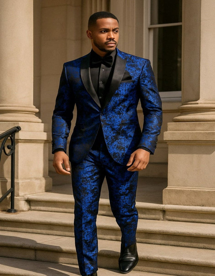 Mens Royal Blue and Black Floral Tuxedo Suit Slim Fit 2 Piece Formal Outfit with Matching Bow Tie