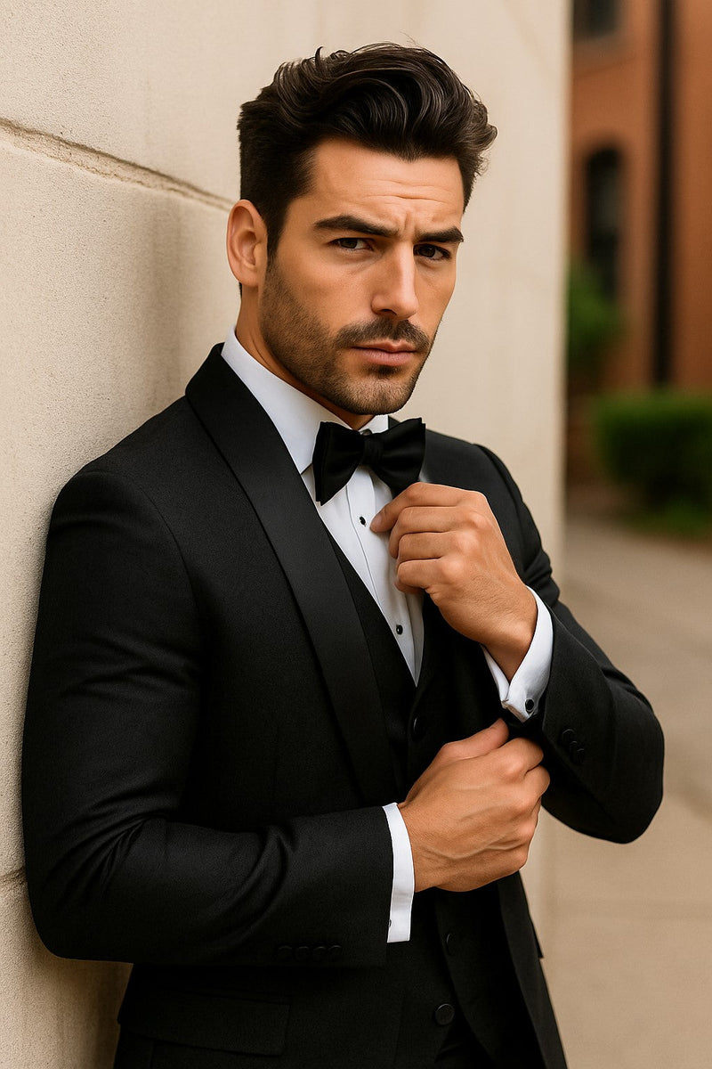 Men One Button Floral All Black Tuxedo with Shawl Lapel – 3 Piece